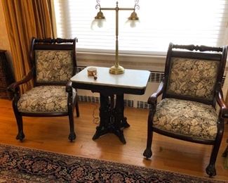 Pair of Antique Chairs, Marble Top Side Table, Lamp