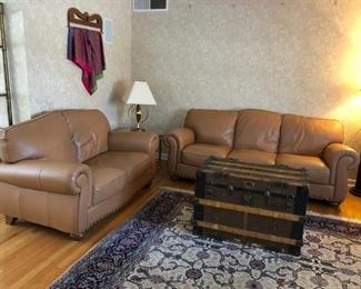 Leather Sofa & Love Seat, Old Trunk