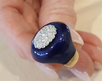 Exquisite enameled designer diamond ring.