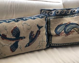 Needle point pillows, several decorative custom made pillows and draperies, not shown here