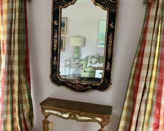 Asian Styled mirror that will knock your socks off! The petite table is made in Italy...and has a mirrored front.  Custom silk draperies for sale too!