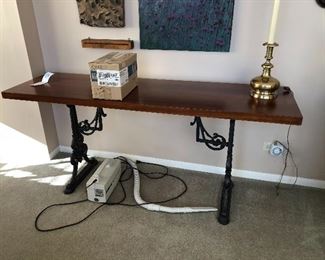 $295 presale - Console table with antique c. 1875 Picksley, Sims & Co cast iron industrial legs 68"x20" new wood top