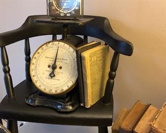 vintage toddler seat, scale and books