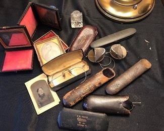 vintage eyeglasses and cases, tin types in cases