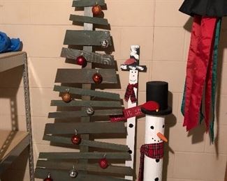 handmade wood Christmas tree and snowmen