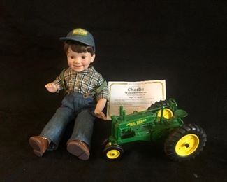 The Danbury Mint "Charlie" John Deere Porcelain Doll  w/Tractor 