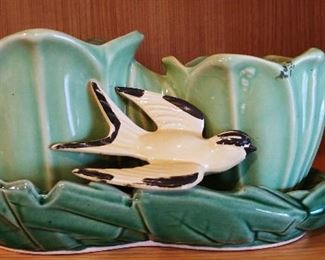 Vintage McCoy Green Tulip Double Planter With Swallow Bird Art Pottery Ceramic 