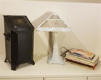Vintage Wicker Lamp, Metal Can, Magazines. https://ctbids.com/#!/description/share/317448