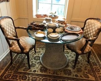 French Chairs / Glass Top  Wicker Table