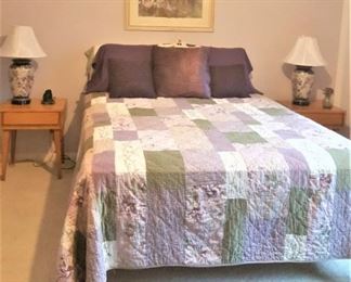 Queen size bed - mattress and box springs - lavender patchwork quilt and pillows