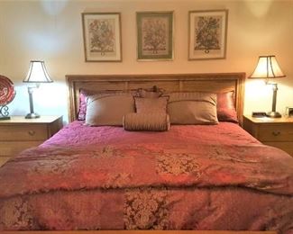 Kingsize headboard, mattress and box spring , comforter set, matching pair of brass lamps with silk shades