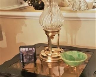 Glass and wood end table - very heavy brass and glass lamp