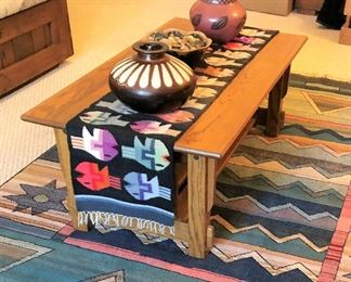 Oak coffee table, runner and southwestern decor
