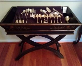 Black tole painted tray server - Rogers Bros. 1847 Silverplate flatware total 7 pieces / Sheffield oyster forks / cocktail forks / Wm Rogers 6 piece youth set