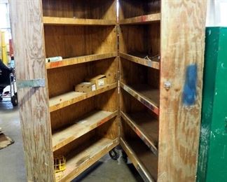 Custom Made Wood Clamshell Rolling Cabinet With Shelves, 6' x 4' x 30"