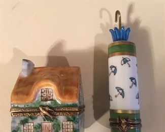 Cottage house "Chambre d'Hote" Limoges France Peint Main trinket box. Limoges France Peint Main porcelain umbrella stand trinket box.