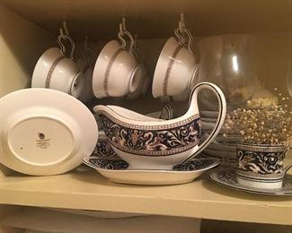 Wedgwood "Florentine" cobalt w/Dragons dishes. Cups and saucers, plates, bowls, creamer, serving platters, etc.