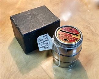 Antique Metal UNION DEPOSIT AND TRUST COMPANY, Waynesburg, PA, Barrel Bank, in Original Gift Box. The bottom reads: "Start with a Coin, End with a Barrel of Money" and there's a slot to deposit coins/money