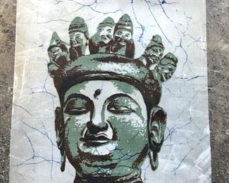Vintage, Mid-Century Modern artwork, The Art of Batik, titled "BUDDHA TEN-HEAD," on very thick Parchment Paper, which, if crinkled or bent, can be IRONED out to perfection. This art work measures 14" x 17" and has the original paperwork with the piece. The paperwork explains the process of BATIK and when it first began in China, 220-589 AD. 
This vintage Batik piece of artwork is in MINT condition, with no rips, tears, etc.