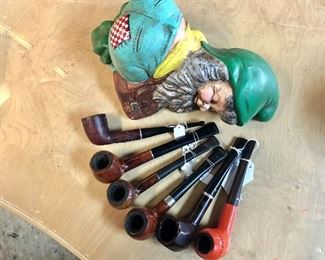 Vintage Ceramic "Sleeping Gnome" and a Collection of Vintage Pipes, some from Italy, one Royal Lance Silver Crown