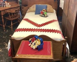 Antique, PAIR of Solid Wooden Twin Beds, Vintage Red & White Summer Quilt, & Oak Night Stand