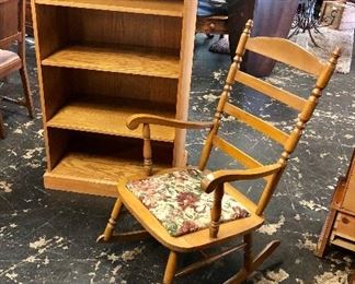 Antique Oak Rocker and Deep Oak Book Shelf
