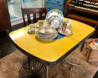 c.1950's Yellow Formica Table and 20 Piece Set of Dishes