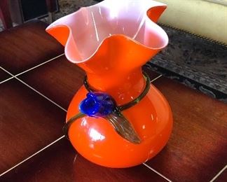 c.1980, Hand Blown Art Glass "Bag Vase" with applied blue glass tulip & "ribbon"(BEAUTIFUL PIECE!!!" 