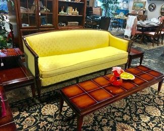 Antique Yellow Sofa with Mahogany Arms, Back, & Legs. LANE FURN CO c.1960's Coffee Table with Brass Inlays
