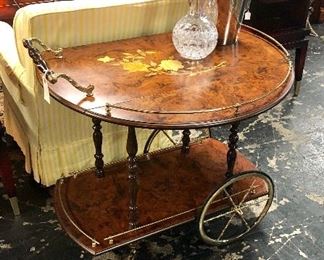 c.1960's, MCM, Made in Italy, Wood & Brass, Double Drop Leaf, Rolling Bar/Tea Trolley, with yellow floral inlays