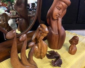 c.1950's, TEAK, Hand Carved, "Madonna" Statues ranging from 7" to 19", as well as a 1950's Koi hand-carved fish and a "Family of Three" carved wooden statue
