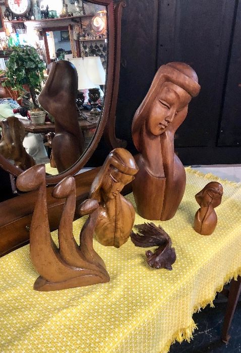 c.1950's, TEAK, Hand Carved, "Madonna" Statues ranging from 7" to 19", as well as a 1950's Koi hand-carved fish and a "Family of Three" carved wooden statue