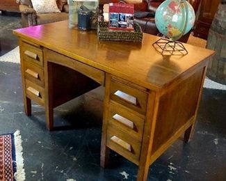 c.1950's Replogle Desk Globe on a wire base and an antique Solid Oak Desk in excellent condition 
