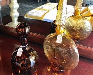 "BLENKO" Yellow Sun-Faced Decanter and a Brown "Tiger" Print Glass Decanter 