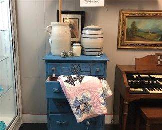 Antique Blue Chest of Drawers and Crocks
