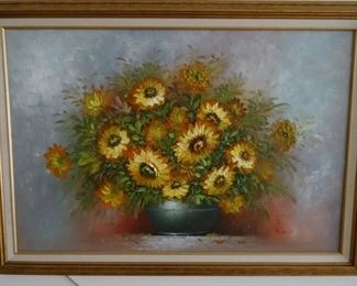 oil painting of sunflowers framed
