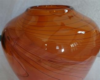 Unsigned art glass vessel in more of a salmon color 9"