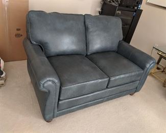 $750   Blue leather Smith Brothers loveseat