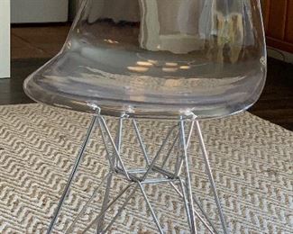 Clear & White Molded Plastic Side Chair with Eiffel Tower Base Eames Replica		
