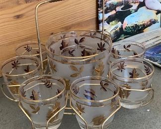 LIBBY Starlyte Gold Leaf Ice Bucket & 8 Glasses		
