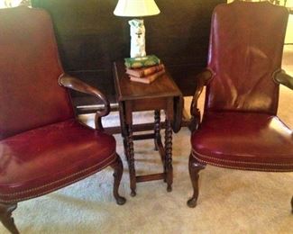Handsome leather Queen Anne chairs; drop-leaf Barley Twist table