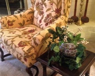 Upholstered wingback chair and perfect size side table
