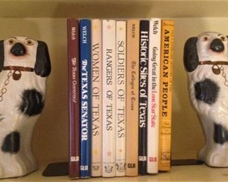 Staffordshire style dogs; variety of books about the state of Texas