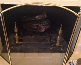 Fireplace screen; brass andirons 