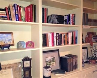 Some of the many books, art selections, and decor items