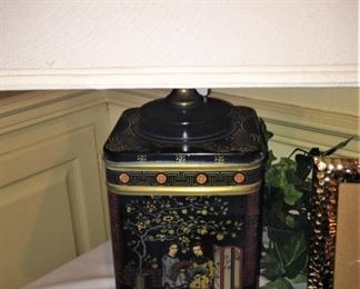 Vintage Asian tea caddy lamp with base