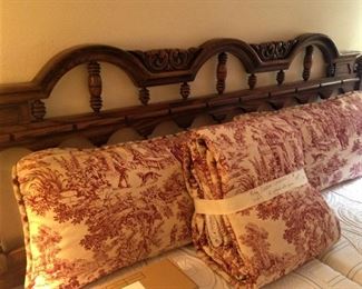 King headboard & frame; toile king custom comforter & 2 pillows with shams
