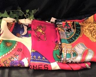 Three Hermes scarves  (Hermès --- air-MEZ --- is a French high fashion luxury goods manufacturer established in 1837.)