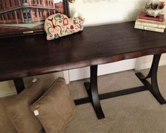 Wood and metal sofa table/desk; variety of pillows