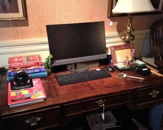 Wonderful Henredon 3-drawer desk; books; monitor; keyboard